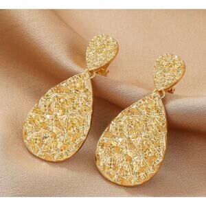 Trendy 2" clip on gold textured dangle solid teardrop earrings